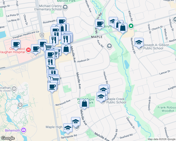 map of restaurants, bars, coffee shops, grocery stores, and more near 116 Lockheed Avenue in Vaughan