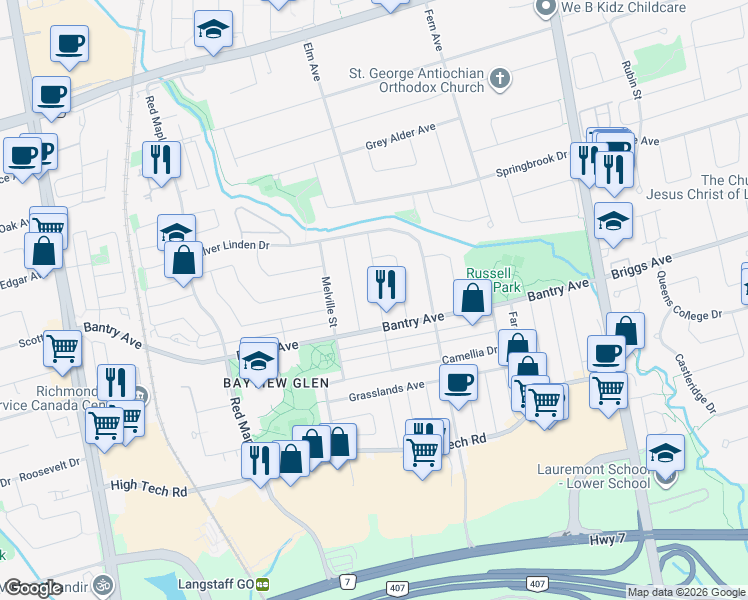 map of restaurants, bars, coffee shops, grocery stores, and more near 22 Frobisher Street in Richmond Hill