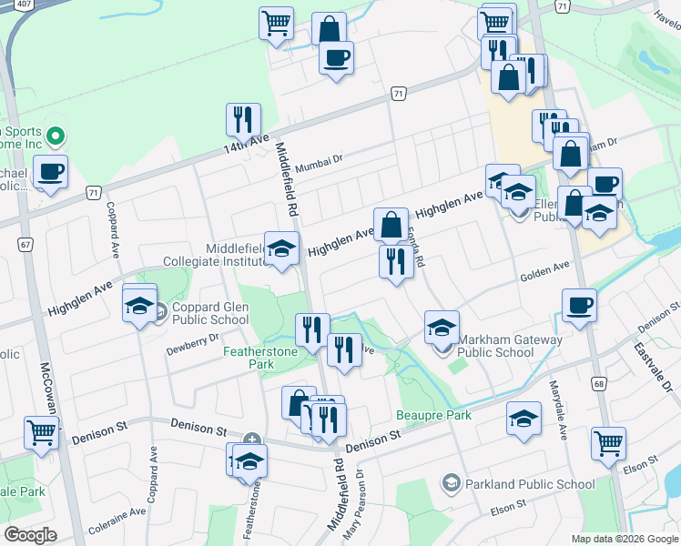 map of restaurants, bars, coffee shops, grocery stores, and more near 161 Sophia Road in Markham