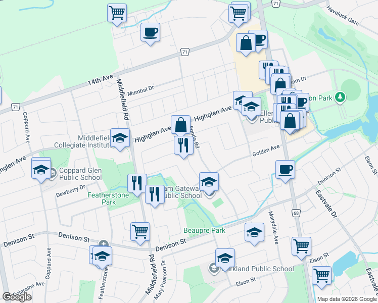 map of restaurants, bars, coffee shops, grocery stores, and more near 47 Kruger Road in Markham