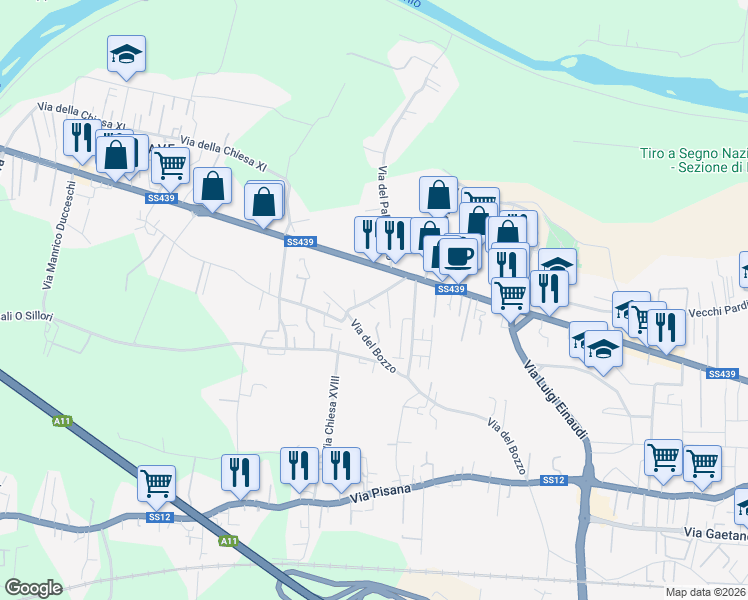 map of restaurants, bars, coffee shops, grocery stores, and more near 75 Via Sarzanese in Lucca