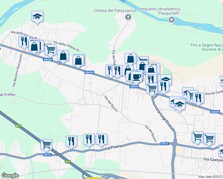 map of restaurants, bars, coffee shops, grocery stores, and more near 75 Via Sarzanese in Lucca