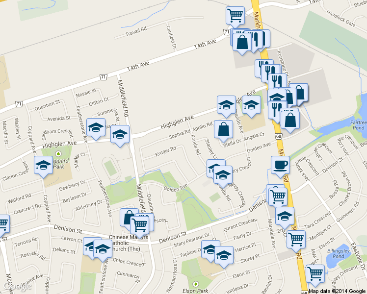 map of restaurants, bars, coffee shops, grocery stores, and more near 49 Kruger Road in Markham