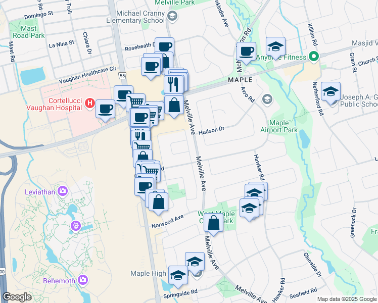 map of restaurants, bars, coffee shops, grocery stores, and more near Kale Crescent in Vaughan