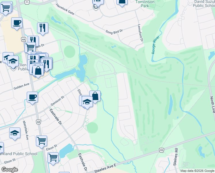 map of restaurants, bars, coffee shops, grocery stores, and more near 33 Liam Lane in Markham