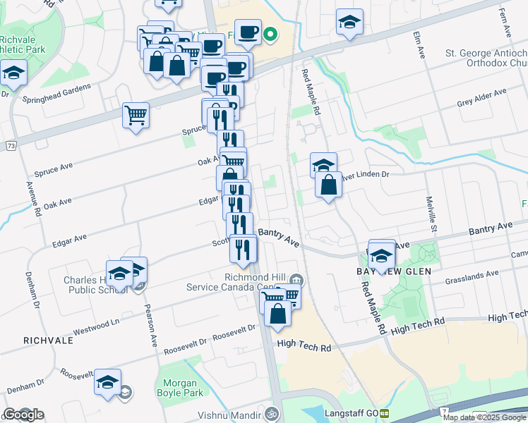 map of restaurants, bars, coffee shops, grocery stores, and more near 18 Ellesmere Street in Richmond Hill