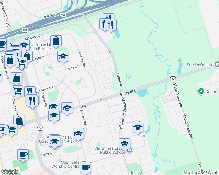 map of restaurants, bars, coffee shops, grocery stores, and more near 537 Danks Ridge Drive in Ajax