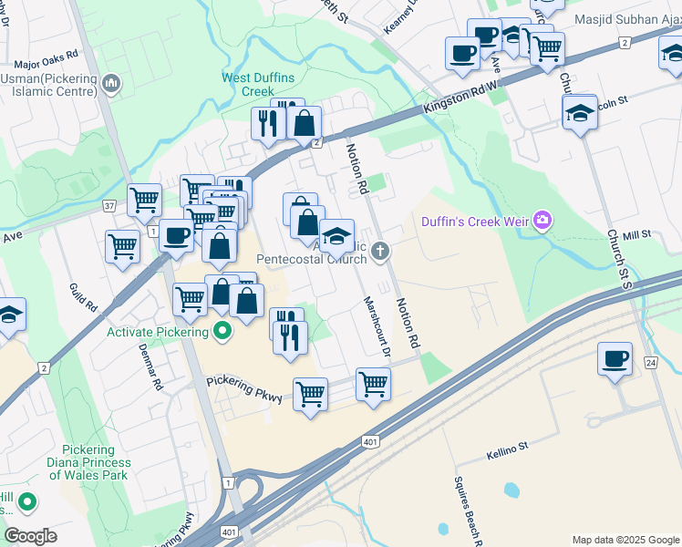 map of restaurants, bars, coffee shops, grocery stores, and more near in Pickering