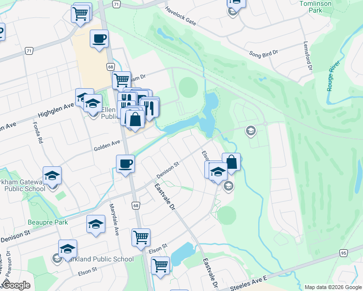 map of restaurants, bars, coffee shops, grocery stores, and more near 34 Ann Louise Crescent in Markham