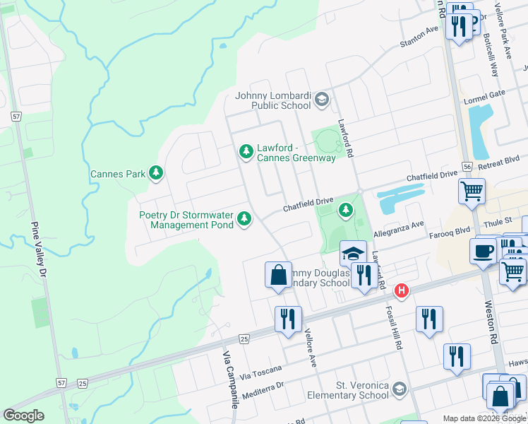 map of restaurants, bars, coffee shops, grocery stores, and more near in Vaughan