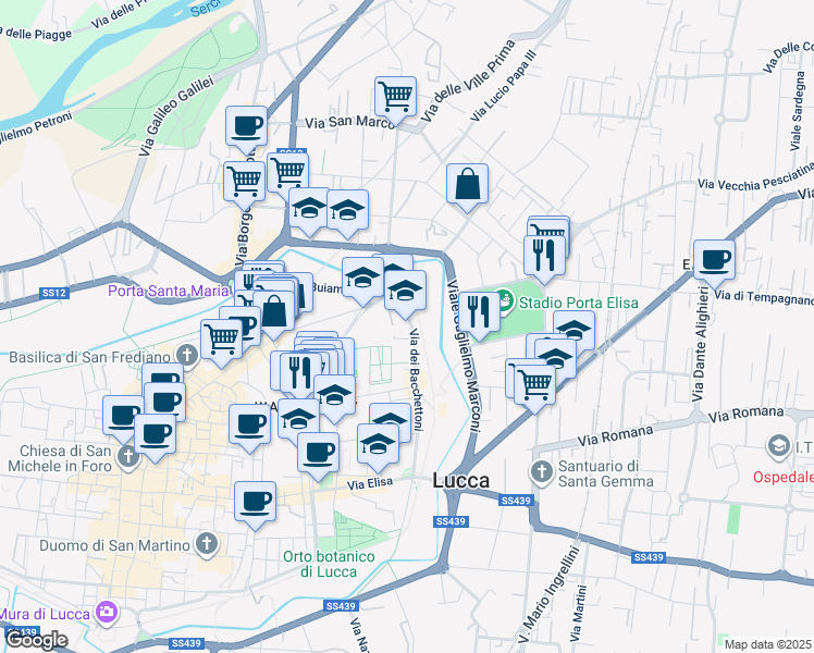 map of restaurants, bars, coffee shops, grocery stores, and more near 27 Via dei Bacchettoni in Lucca