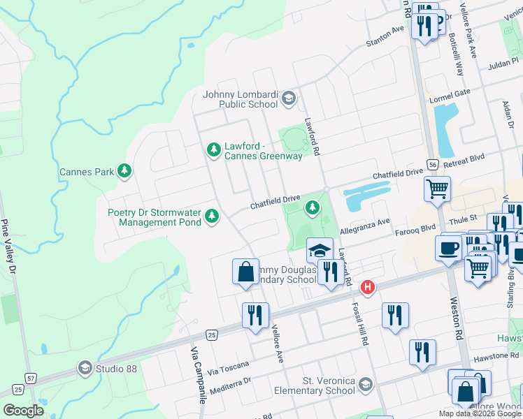 map of restaurants, bars, coffee shops, grocery stores, and more near 277 Chatfield Drive in Vaughan