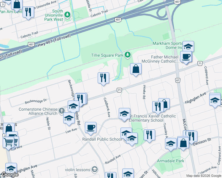 map of restaurants, bars, coffee shops, grocery stores, and more near 4762 14th Avenue in Markham