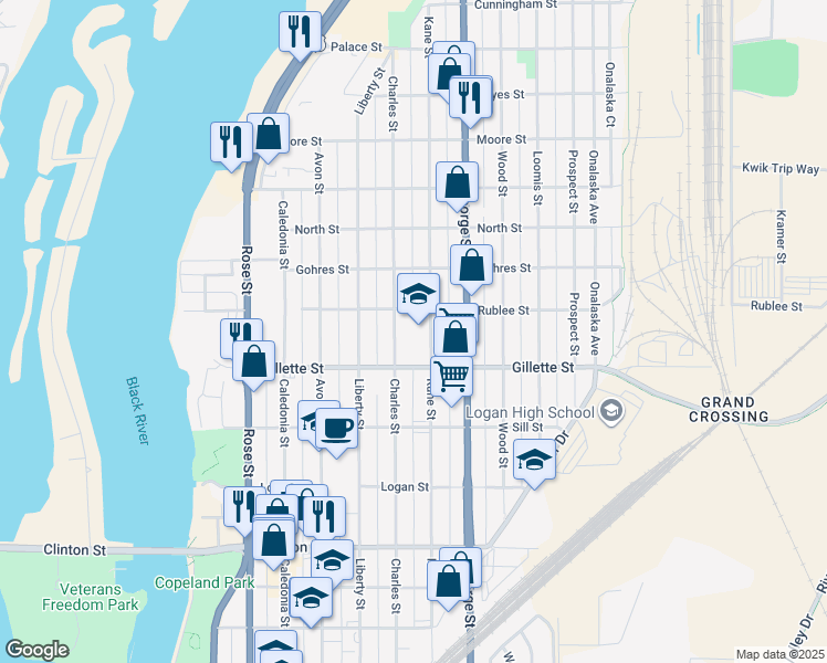 map of restaurants, bars, coffee shops, grocery stores, and more near 1611 Kane Street in La Crosse