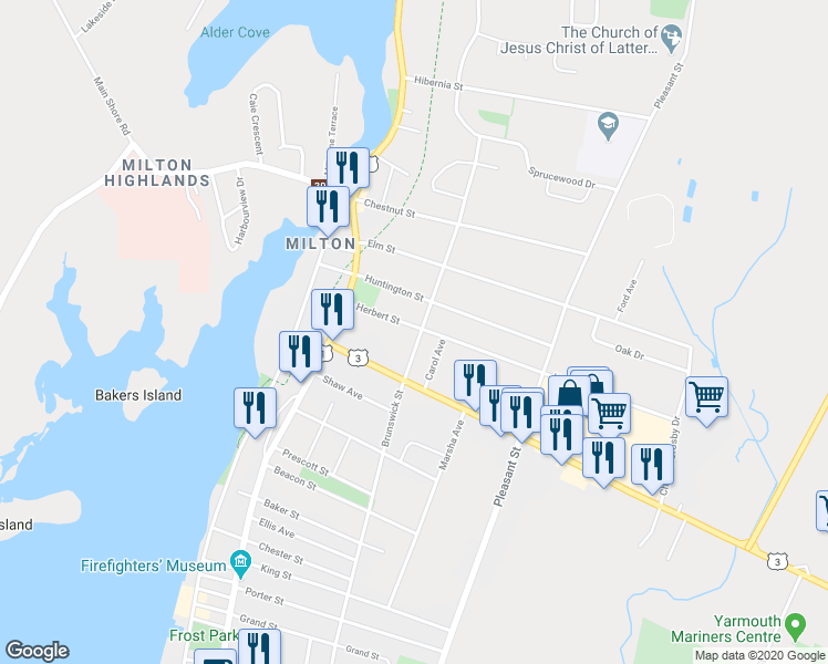 map of restaurants, bars, coffee shops, grocery stores, and more near 112 Brunswick Street in Yarmouth