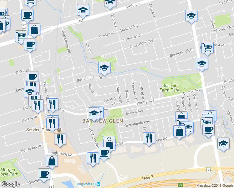map of restaurants, bars, coffee shops, grocery stores, and more near 153 Rideau Drive in Richmond Hill