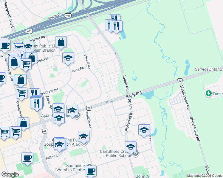 map of restaurants, bars, coffee shops, grocery stores, and more near 532 Danks Ridge Drive in Ajax