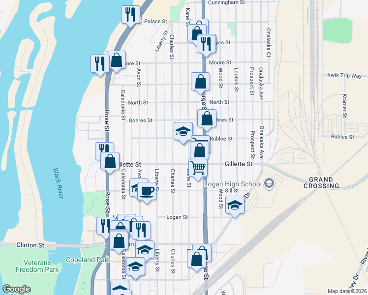map of restaurants, bars, coffee shops, grocery stores, and more near 1611 Kane Street in La Crosse