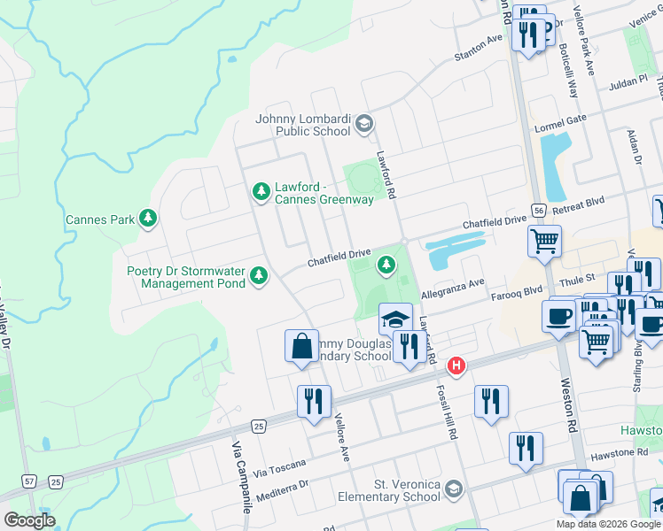 map of restaurants, bars, coffee shops, grocery stores, and more near 8 Headwind Boulevard in Vaughan