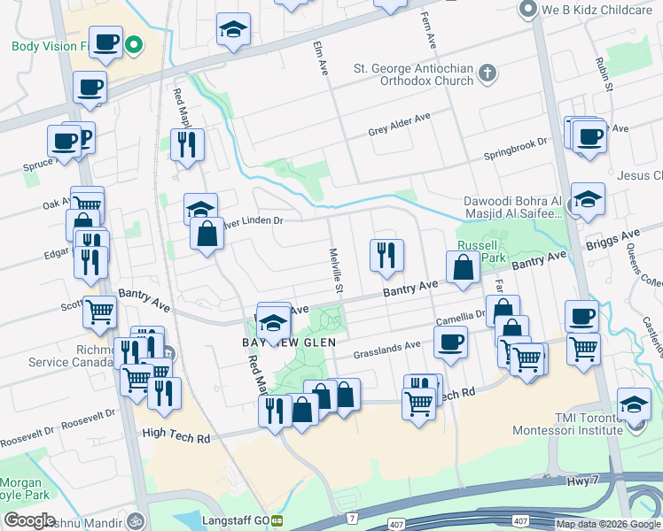map of restaurants, bars, coffee shops, grocery stores, and more near 155 Rideau Drive in Richmond Hill