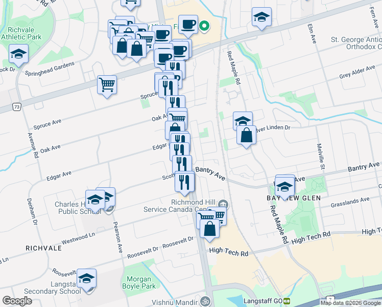 map of restaurants, bars, coffee shops, grocery stores, and more near 9027 Yonge Street in Richmond Hill