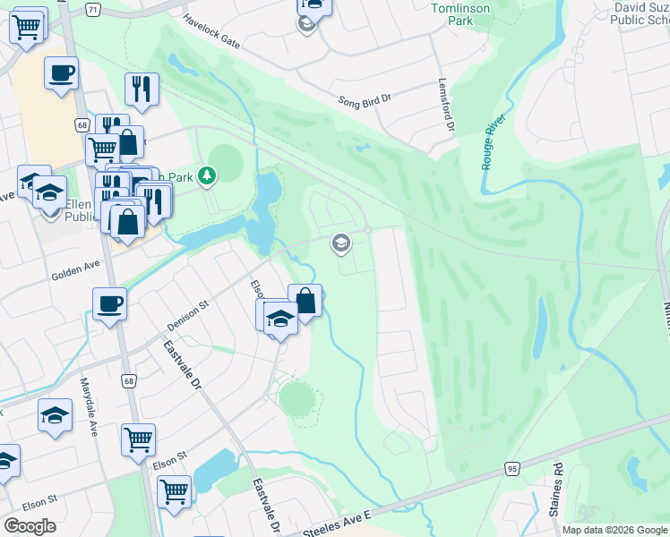 map of restaurants, bars, coffee shops, grocery stores, and more near 53 Denison Street in Markham
