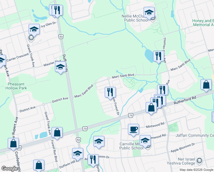 map of restaurants, bars, coffee shops, grocery stores, and more near 8 Aylin Crescent in Vaughan