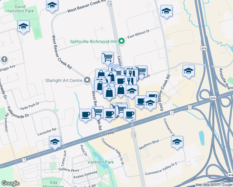 map of restaurants, bars, coffee shops, grocery stores, and more near 15 West Pearce Street in Richmond Hill