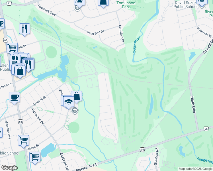 map of restaurants, bars, coffee shops, grocery stores, and more near Mohandas Drive in Markham