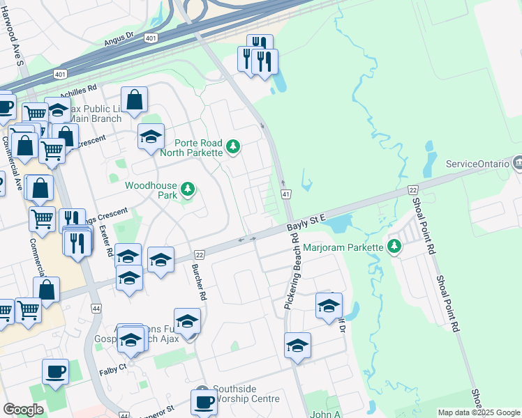 map of restaurants, bars, coffee shops, grocery stores, and more near 459 Porte Road in Ajax
