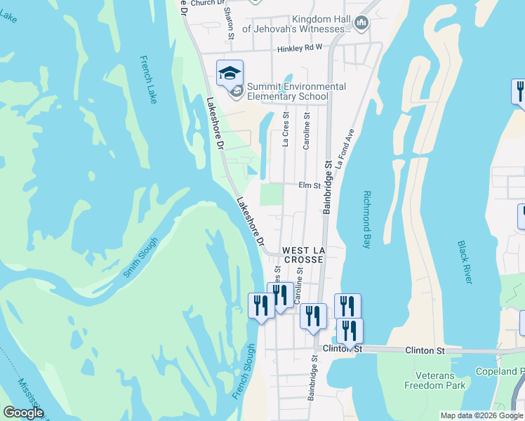 map of restaurants, bars, coffee shops, grocery stores, and more near 313 Bissen Place in La Crosse