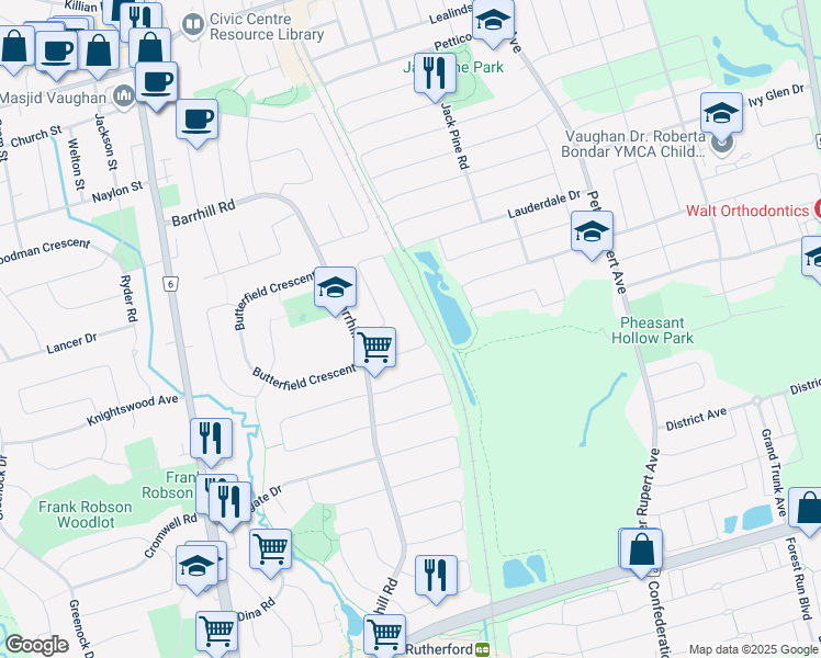 map of restaurants, bars, coffee shops, grocery stores, and more near 80 Ridgefield Crescent in Vaughan
