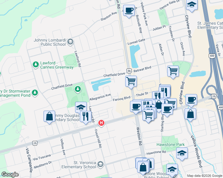 map of restaurants, bars, coffee shops, grocery stores, and more near 132 Sunset Terrace in Vaughan