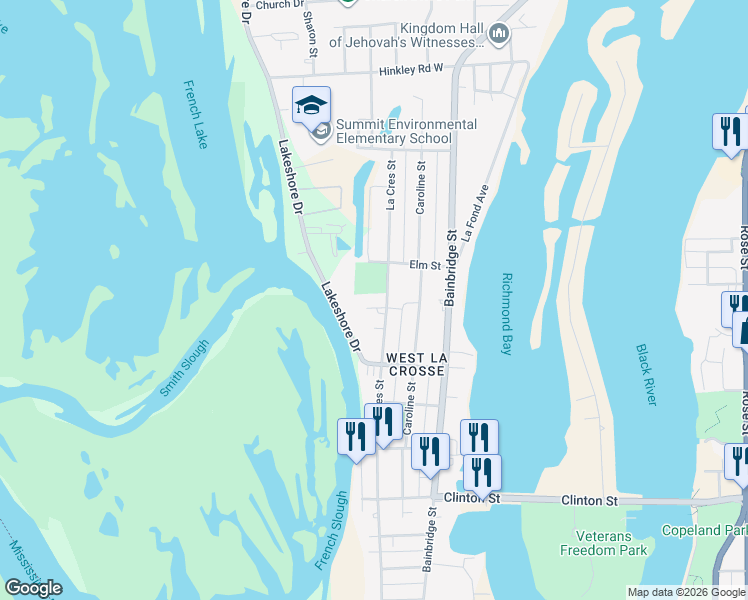 map of restaurants, bars, coffee shops, grocery stores, and more near 313 Bissen Place in La Crosse