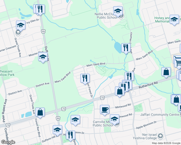 map of restaurants, bars, coffee shops, grocery stores, and more near 25 Origin Way in Vaughan