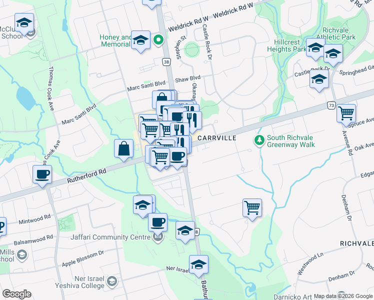 map of restaurants, bars, coffee shops, grocery stores, and more near 9241 Bathurst Street in Richmond Hill
