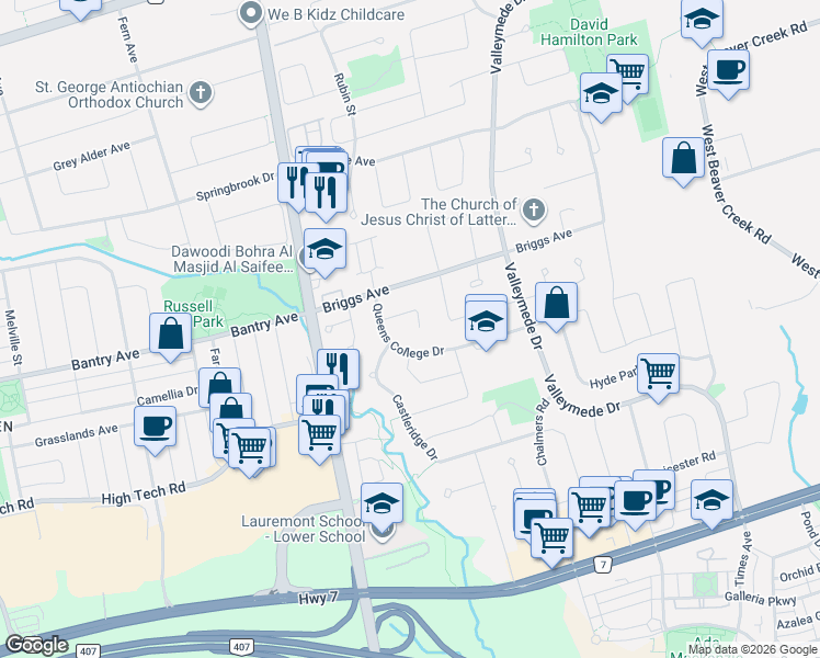 map of restaurants, bars, coffee shops, grocery stores, and more near in Richmond Hill