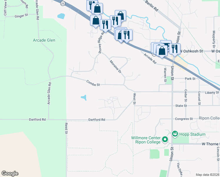 map of restaurants, bars, coffee shops, grocery stores, and more near 1045 Combe Street in Ripon