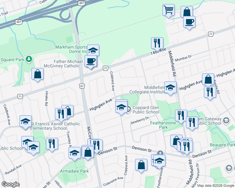 map of restaurants, bars, coffee shops, grocery stores, and more near 336 Highglen Avenue in Markham