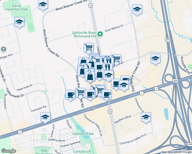 map of restaurants, bars, coffee shops, grocery stores, and more near 15 West Pearce Street in Richmond Hill