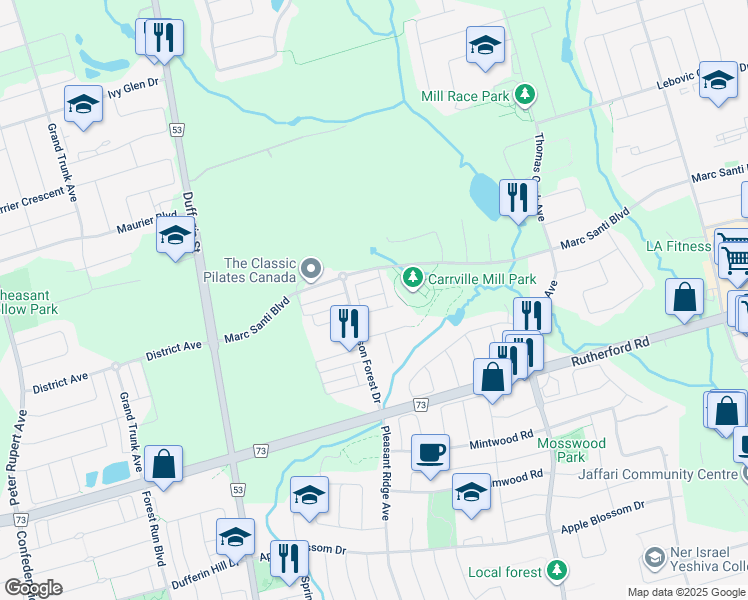 map of restaurants, bars, coffee shops, grocery stores, and more near 21 Origin Way in Vaughan