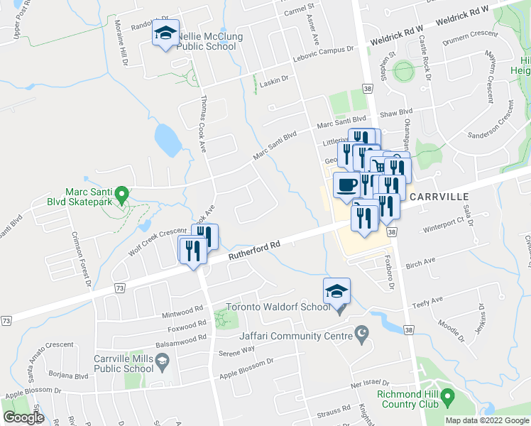 map of restaurants, bars, coffee shops, grocery stores, and more near 102 Cooks Mill Crescent in Vaughan