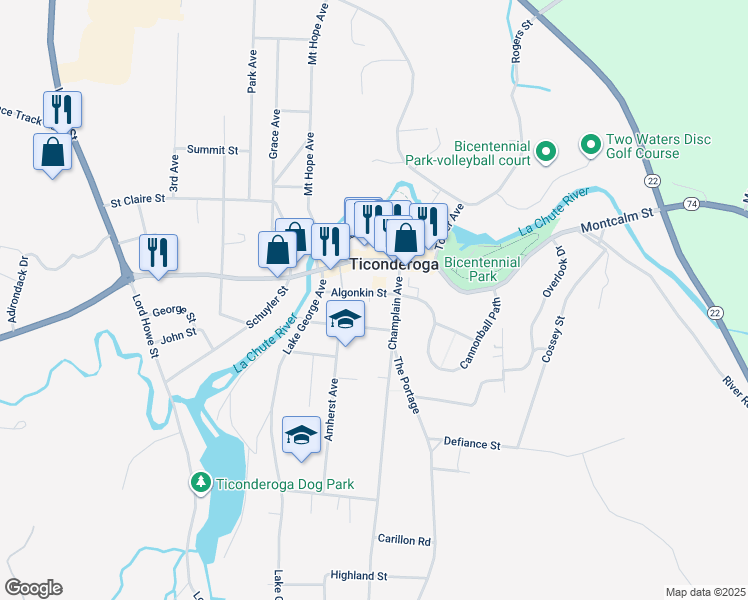 map of restaurants, bars, coffee shops, grocery stores, and more near 19 Algonkin Street in Ticonderoga