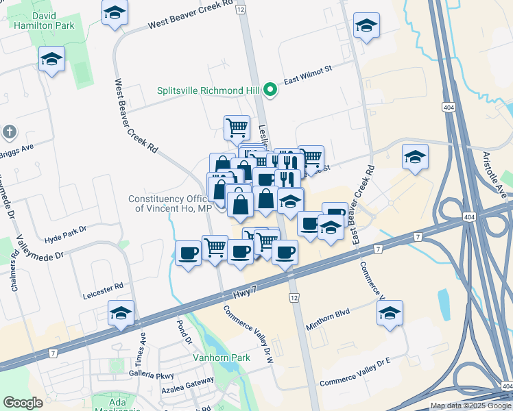 map of restaurants, bars, coffee shops, grocery stores, and more near 15 West Pearce Street in Richmond Hill