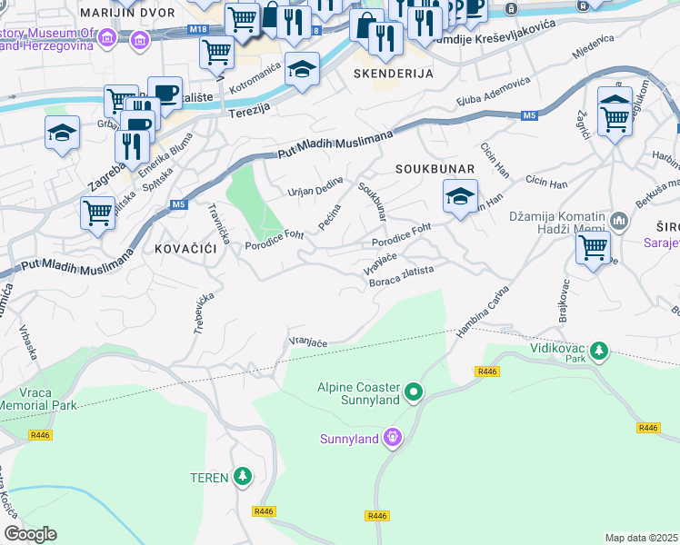 map of restaurants, bars, coffee shops, grocery stores, and more near Trebevićka in Sarajevo