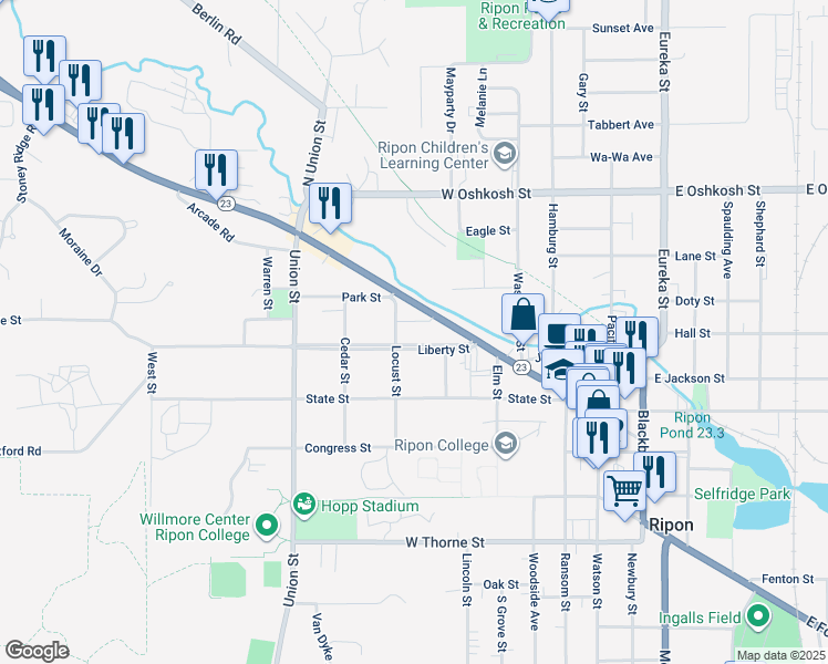 map of restaurants, bars, coffee shops, grocery stores, and more near 55 Locust Street in Ripon