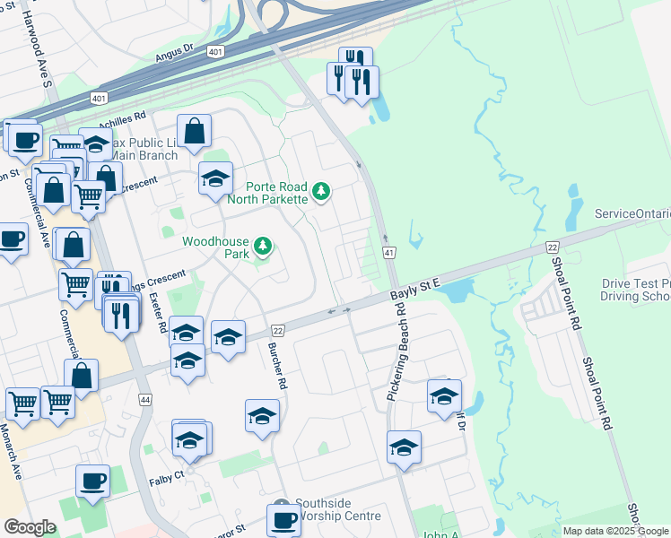 map of restaurants, bars, coffee shops, grocery stores, and more near 459 Porte Road in Ajax