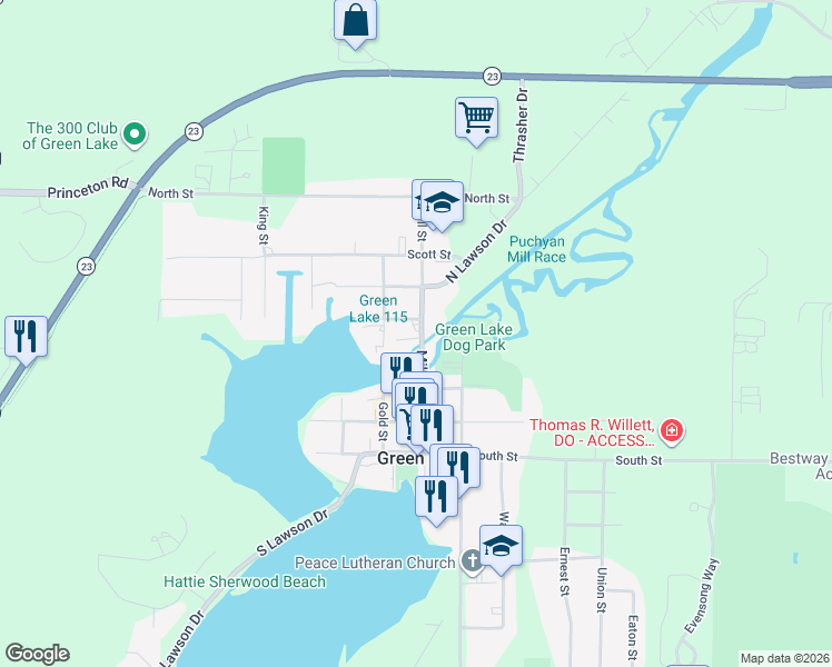 map of restaurants, bars, coffee shops, grocery stores, and more near 565 Mill Street in Green Lake