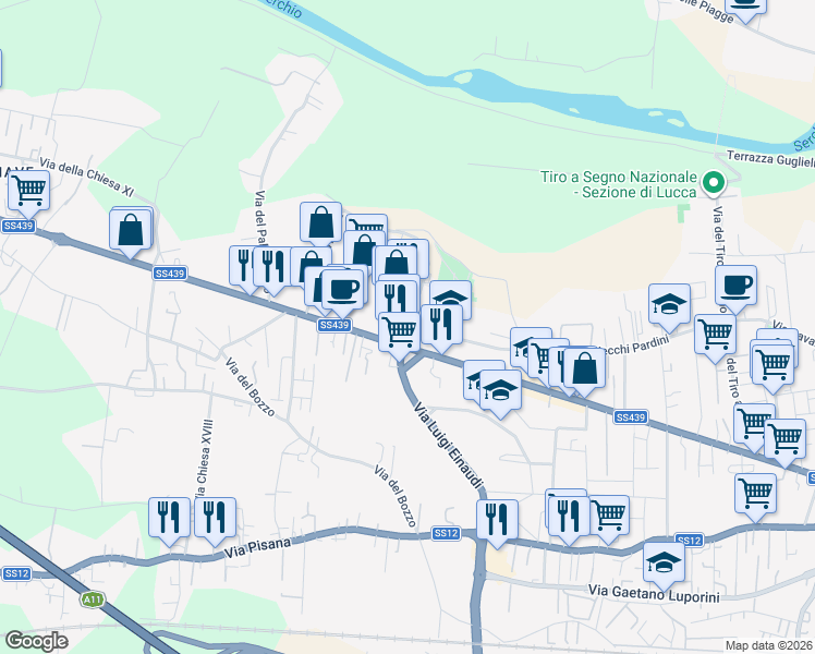 map of restaurants, bars, coffee shops, grocery stores, and more near 184 Traversa IX Via Giacomo Puccini in Lucca