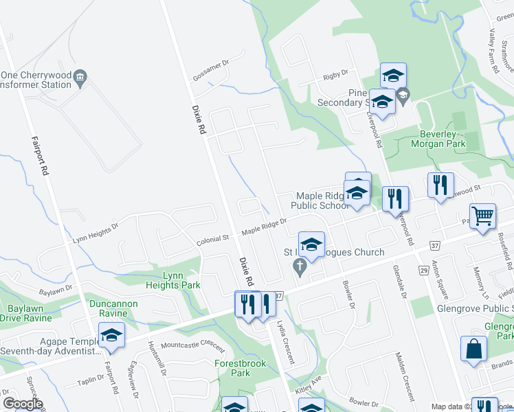 map of restaurants, bars, coffee shops, grocery stores, and more near 1190 Windgrove Square in Pickering